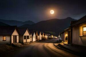 een straat met huizen en een vol maan. ai-gegenereerd foto