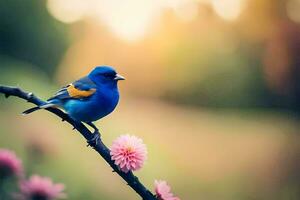 een blauw vogel zit Aan een Afdeling met roze bloemen. ai-gegenereerd foto