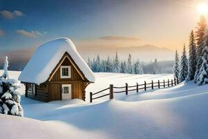 een klein cabine in de sneeuw. ai-gegenereerd foto