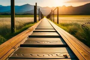 een houten loopbrug Leidt naar de zon in de afstand. ai-gegenereerd foto