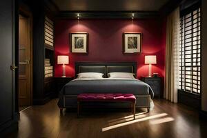 een slaapkamer met rood muren en een bed. ai-gegenereerd foto