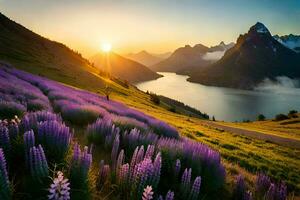 de zon stijgt over- de bergen en de bloemen bloeien in de voorgrond. ai-gegenereerd foto