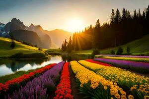 de zon stijgt over- een meer en bloemen in de bergen. ai-gegenereerd foto