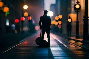 een Mens is wandelen naar beneden een stad straat Bij nacht. ai-gegenereerd foto