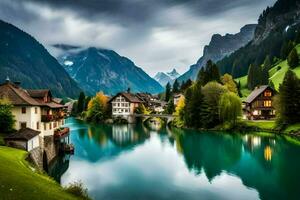 een mooi meer en berg dorp in de Zwitsers Alpen. ai-gegenereerd foto