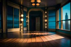 een kamer met een houten verdieping en blauw muren. ai-gegenereerd foto