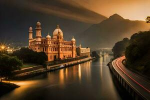 de zon sets over- een rivier- en een moskee. ai-gegenereerd foto