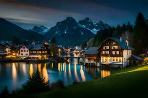 foto behang bergen, de nacht, meer, huis, huis, de bergen, de meer,. ai-gegenereerd