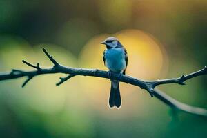 een klein vogel zit Aan een Afdeling in voorkant van een wazig achtergrond. ai-gegenereerd foto