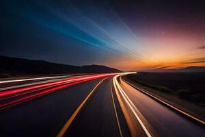 een lang blootstelling fotograaf van een snelweg Bij zonsondergang. ai-gegenereerd foto