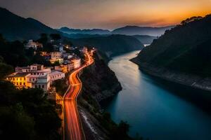 een rivier- loopt door een stad- Bij zonsondergang. ai-gegenereerd foto