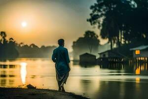 een Mens wandelen langs de kust Bij zonsondergang. ai-gegenereerd foto