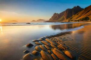 de zon sets over- een strand met rotsen en water. ai-gegenereerd foto