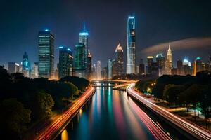 de stad horizon Bij nacht met lichten Aan. ai-gegenereerd foto