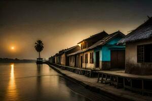 een huis Aan de water met een palm boom in de achtergrond. ai-gegenereerd foto