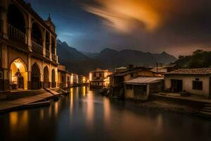 een rivier- in de midden- van een stad- Bij nacht. ai-gegenereerd foto