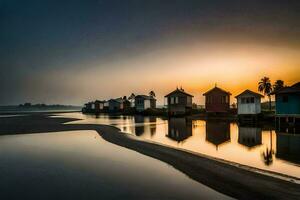 de strand huizen zijn weerspiegeld in de water Bij zonsondergang. ai-gegenereerd foto