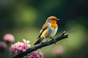 een vogel zittend Aan een Afdeling met roze bloemen. ai-gegenereerd foto