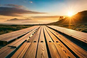 een houten brug strekt zich uit aan de overkant een veld- Bij zonsondergang. ai-gegenereerd foto