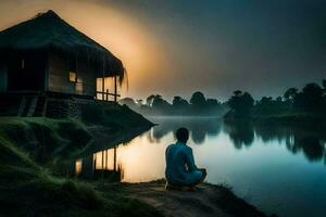 een Mens mediteert door de rivier. ai-gegenereerd foto