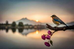 een vogel zit Aan een Afdeling in de buurt een meer Bij zonsondergang. ai-gegenereerd foto