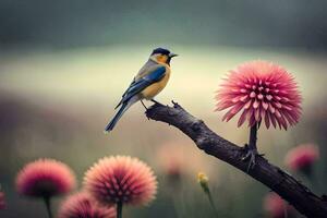 een vogel is neergestreken Aan een Afdeling in voorkant van roze bloemen. ai-gegenereerd foto