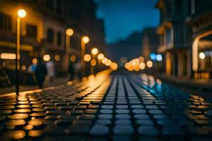 een straat Bij nacht met lichten Aan het. ai-gegenereerd foto