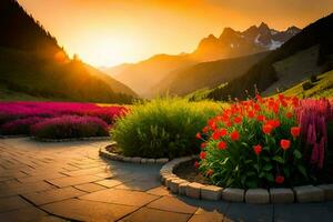 de zon stijgt over- een veld- van bloemen en bergen. ai-gegenereerd foto