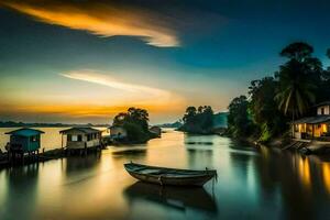 een boot zit Aan de water Bij zonsondergang. ai-gegenereerd foto