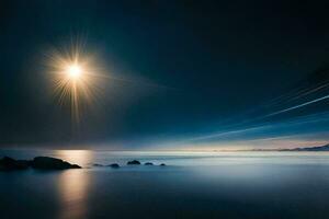 de zon schijnt over- de oceaan en rotsen. ai-gegenereerd foto