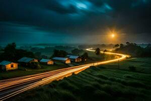 een lang blootstelling fotograaf van een weg Bij nacht met licht paden. ai-gegenereerd foto