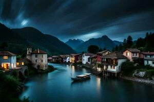 foto behang de lucht, bergen, rivier, boten, huizen, de donker, nacht, de. ai-gegenereerd