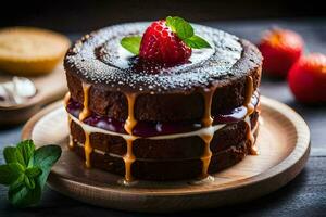 een chocola taart met aardbeien en room Aan een houten bord. ai-gegenereerd foto