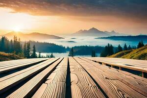 houten loopbrug over- de bergen met mist in de achtergrond. ai-gegenereerd foto