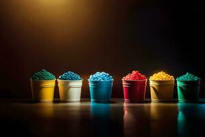 een rij van kleurrijk plastic cups met verschillend gekleurde ballen. ai-gegenereerd foto