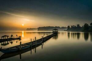 een boot pier Aan een meer Bij zonsopkomst. ai-gegenereerd foto