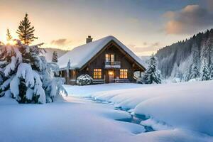 een cabine in de sneeuw met bomen en sneeuw. ai-gegenereerd foto
