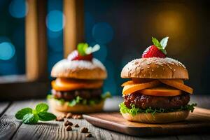 twee hamburgers met aardbeien en kaas Aan een houten bord. ai-gegenereerd foto