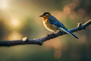 een vogel zittend Aan een Afdeling in de zon. ai-gegenereerd foto