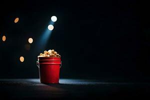 een emmer van popcorn Aan een donker tafel met lichten. ai-gegenereerd foto