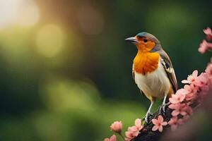 een vogel is zittend Aan een Afdeling met roze bloemen. ai-gegenereerd foto