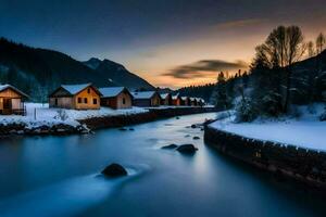 een rivier- loopt door een besneeuwd berg vallei Bij zonsondergang. ai-gegenereerd foto