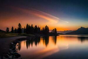een mooi zonsondergang over- een meer met bomen en bergen. ai-gegenereerd foto
