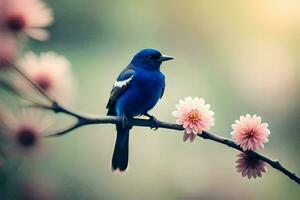 een blauw vogel zit Aan een Afdeling met roze bloemen. ai-gegenereerd foto