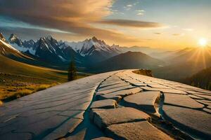 de zon stijgt over- een berg reeks met een gebarsten weg. ai-gegenereerd foto