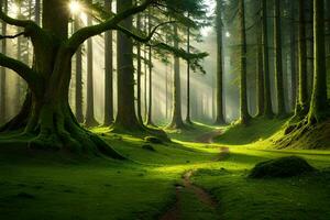 een pad door een Woud met bomen en gras. ai-gegenereerd foto