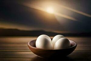 drie eieren in een kom Aan een tafel. ai-gegenereerd foto
