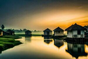 een rivier- met rieten hutten en een zonsopkomst. ai-gegenereerd foto