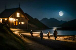 drie mensen wandelen naar beneden een pad in voorkant van een huis Bij nacht. ai-gegenereerd foto
