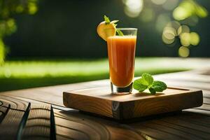 een glas van oranje sap Aan een houten tafel. ai-gegenereerd foto